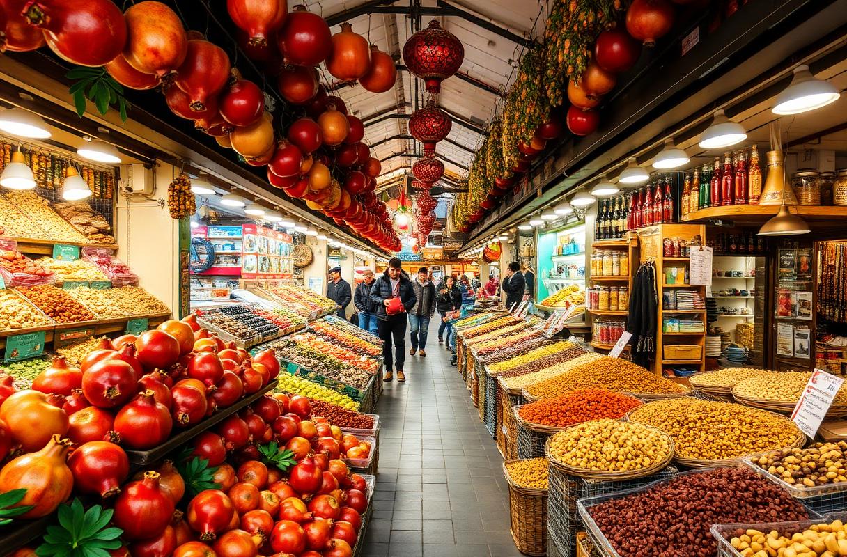 מעבר בשוק מקורה עם דוכני עגבניות, רימונים, אגוזים ופירות יבשים